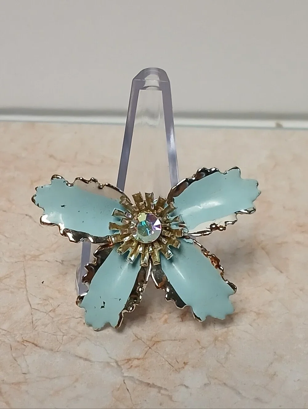 Vintage Light Blue Flower Brooch with Crystal Center